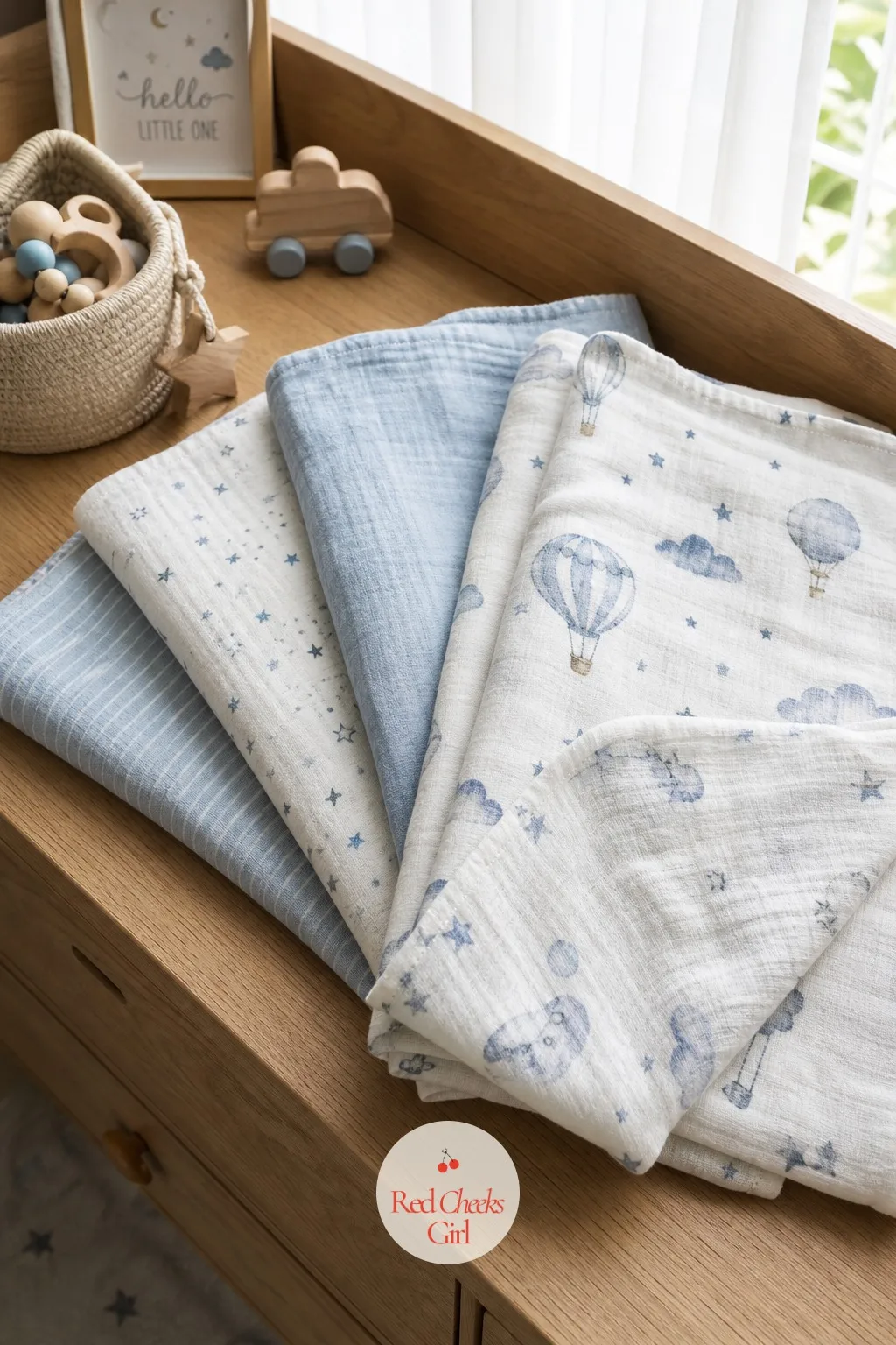 Stack of Muslin Swaddles Fanned Out — A newborn goes through more swaddles than any other single item in that first month, so extras are never wasted. Gender