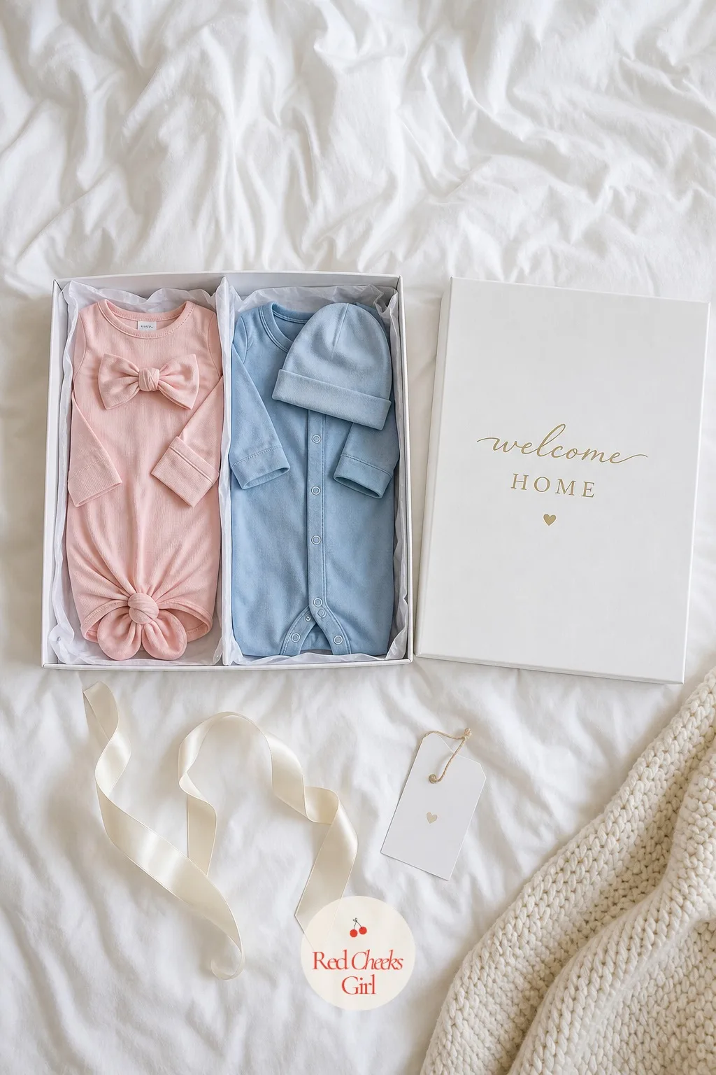Two-Color Welcome Home Outfit Box — Buying the wrong color outfit before the reveal is the one gift that cannot un-happen. Gender reveal gift ideas