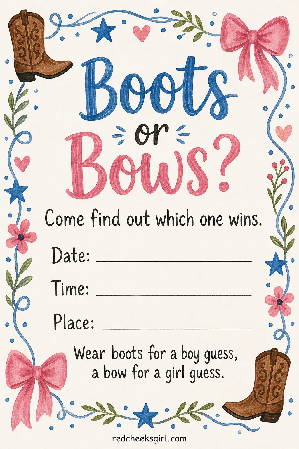 Boots or Bows printable sheet — This suits the family that already knows it wants a Team Boy versus Team Girl afternoon, with the guest list splitting into two