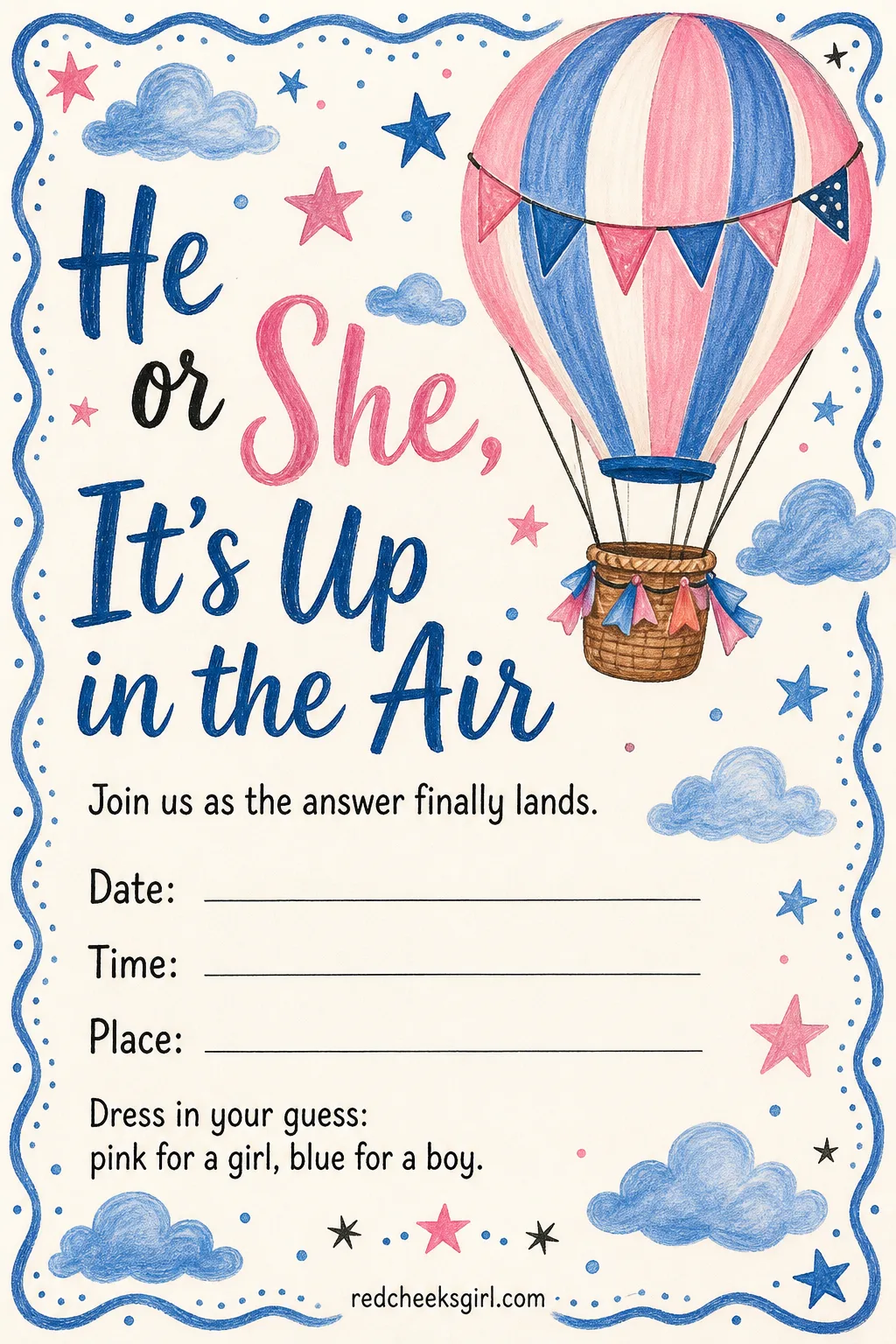 He or She, It's Up in the Air printable sheet — This suits the couple who still genuinely don't know and want the invitation to say so honestly, rather than