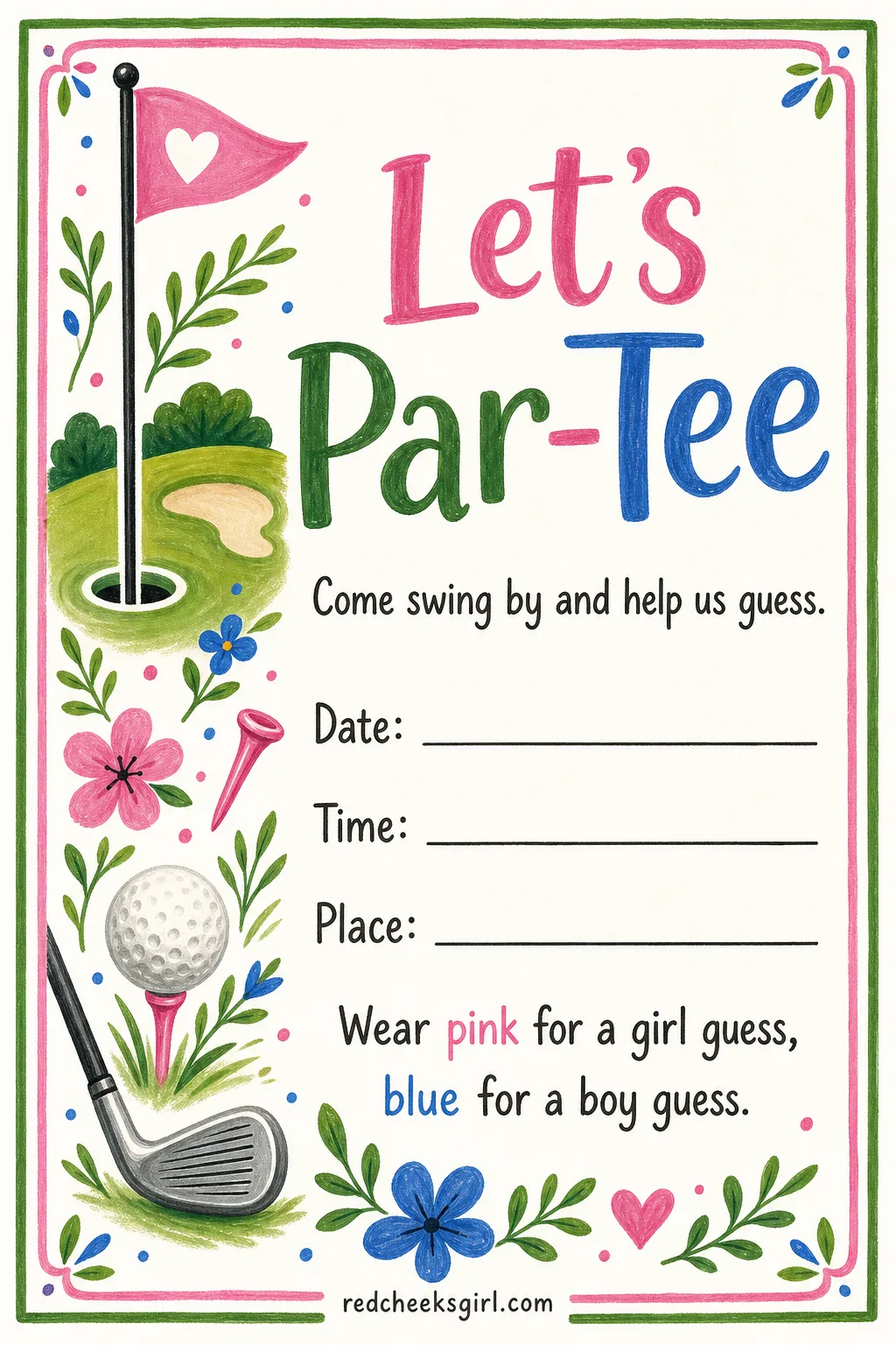 Let's Par-Tee printable sheet — Hand this to the dad-to-be who has opinions about the golf course and none about centerpieces. Gender reveal invitations