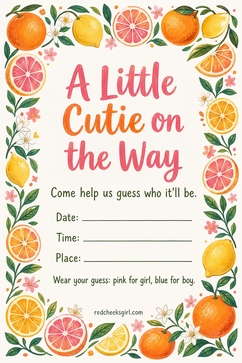 A Little Cutie on the Way printable sheet — Hand this to the friend who still remembers your due date better than you do. Gender reveal invitations