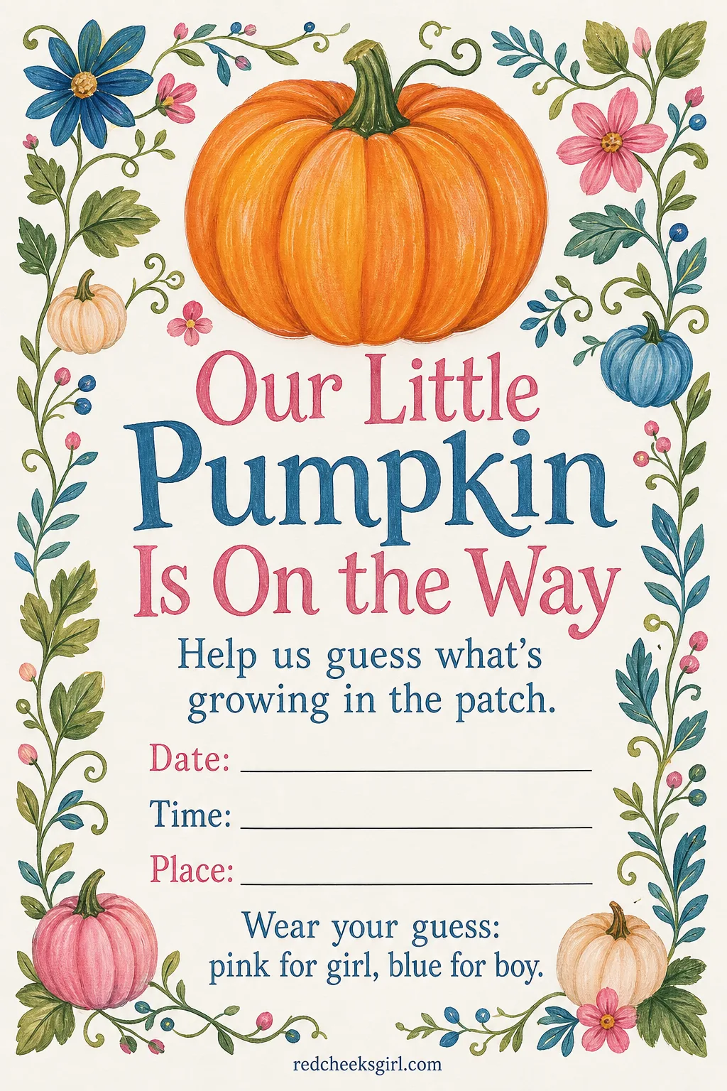 Little Pumpkin printable sheet — The one for a due date landing in autumn, when the party can borrow the season instead of fighting it. Gender reveal