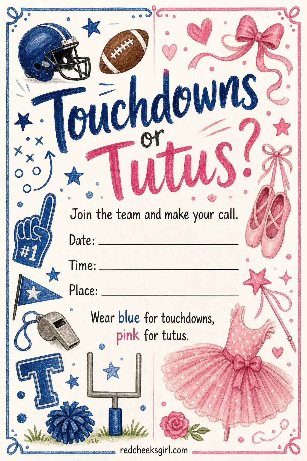 Touchdowns or Tutus printable sheet — This is the card for a reveal with two visibly different sides of the family placing friendly bets. Gender reveal