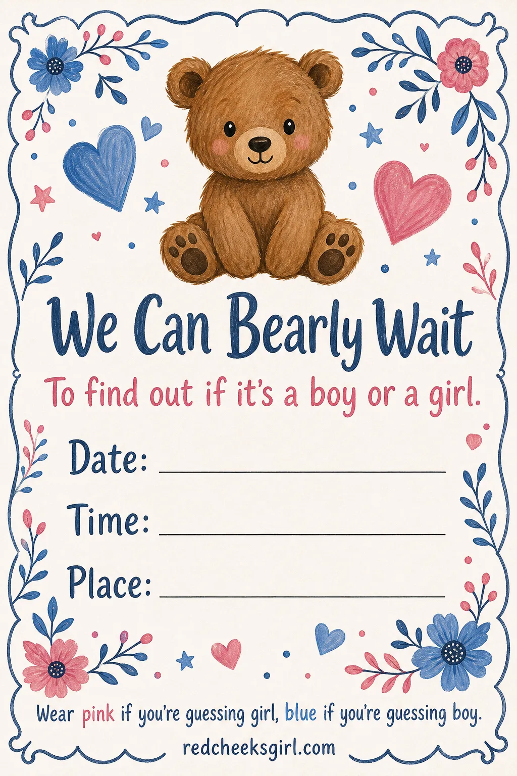 We Can Bearly Wait printable sheet — This is the one for the grandparents hosting in their own living room, the sort of reveal with a pot of coffee going and