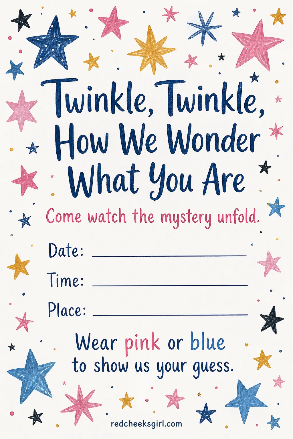 How We Wonder What You Are printable sheet — This is the quiet one, for a reveal that is really just close family around a kitchen table rather than a backyard