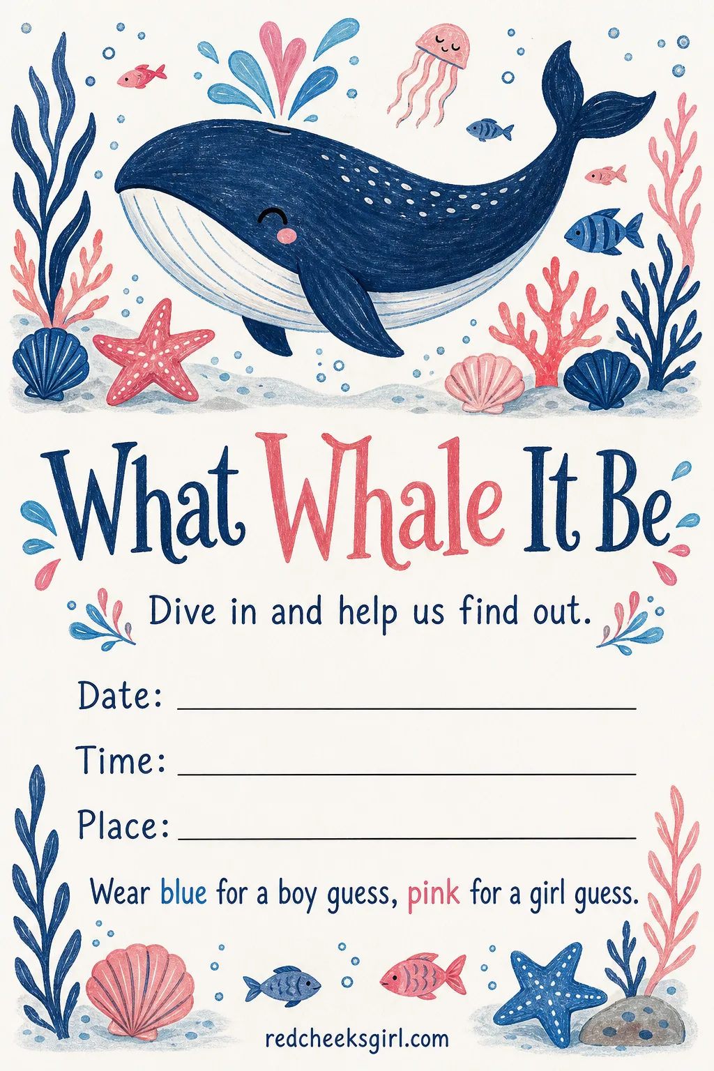 What Whale It Be printable sheet — Good for a pool party reveal or anything near water, where the theme already half writes itself. Gender reveal invitations