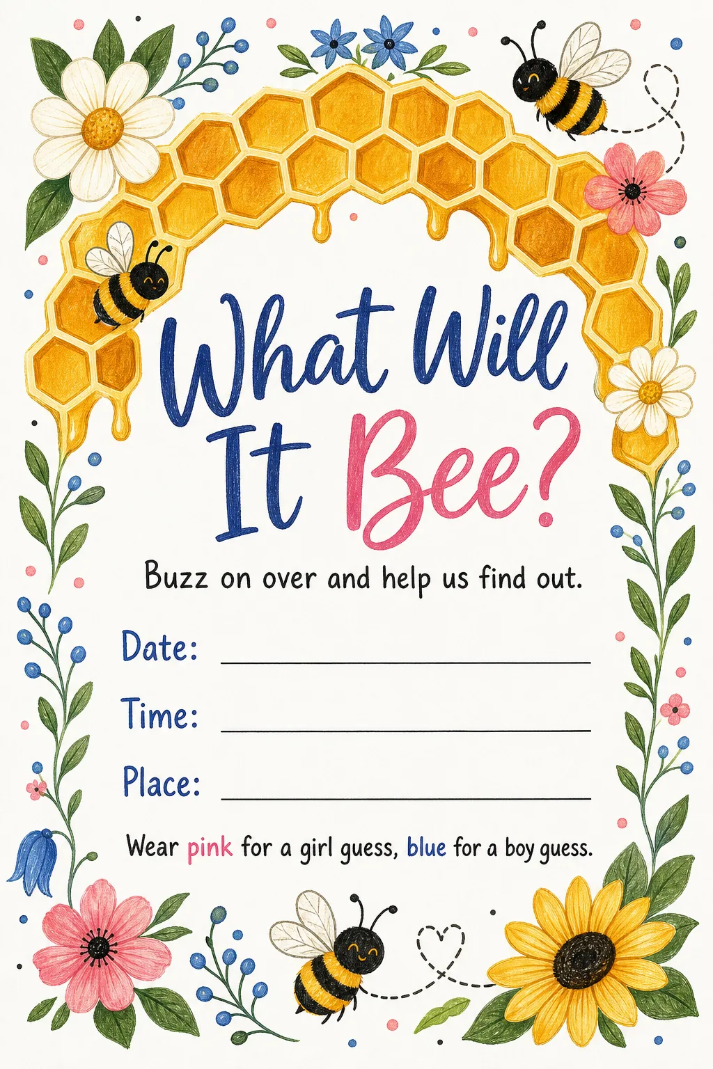 What Will It Bee printable sheet — For the reveal with honey jars as favors or a hive-striped cake already booked. Gender reveal invitations
