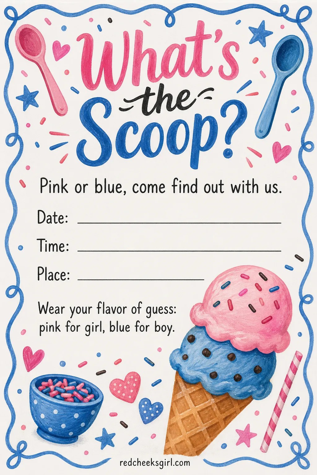 What's the Scoop printable sheet — For the reveal built around an actual sundae bar, so the card and the dessert table finally match. Gender reveal invitations