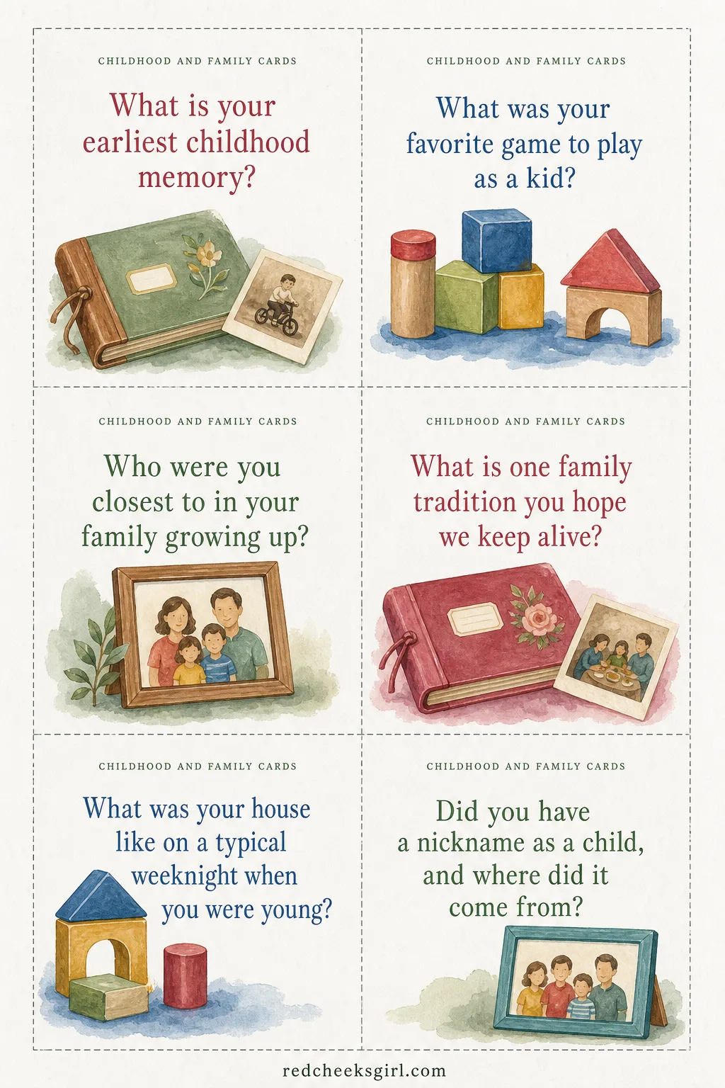 Childhood and Family Cards (Sheet 1) printable sheet. Get to know you questions for couples