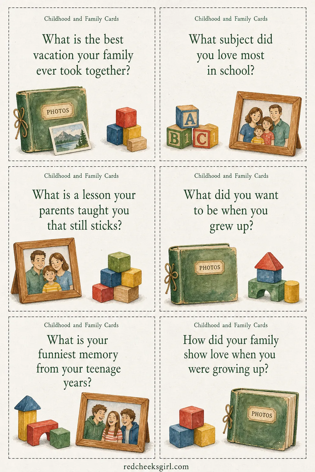 Childhood and Family Cards (Sheet 2) printable sheet. Get to know you questions for couples