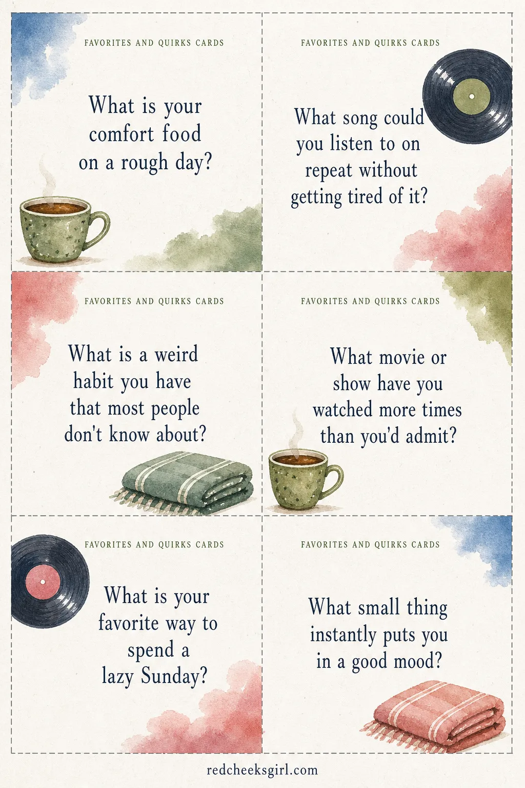 Favorites and Quirks Cards (Sheet 1) printable sheet. Get to know you questions for couples