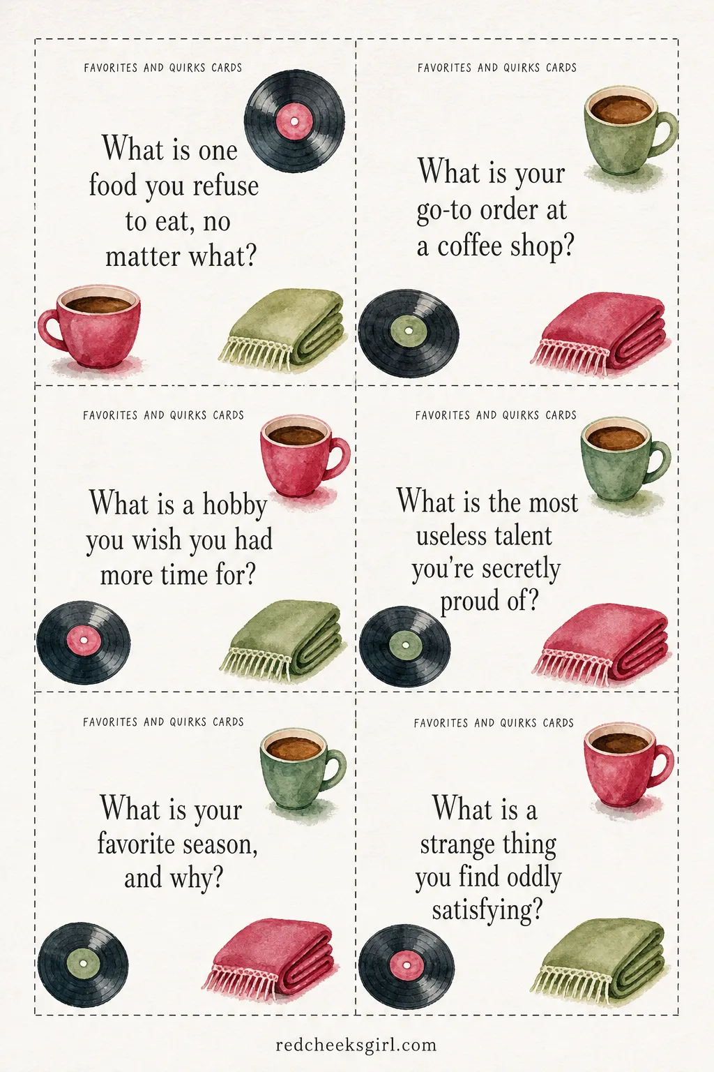Favorites and Quirks Cards (Sheet 2) printable sheet. Get to know you questions for couples
