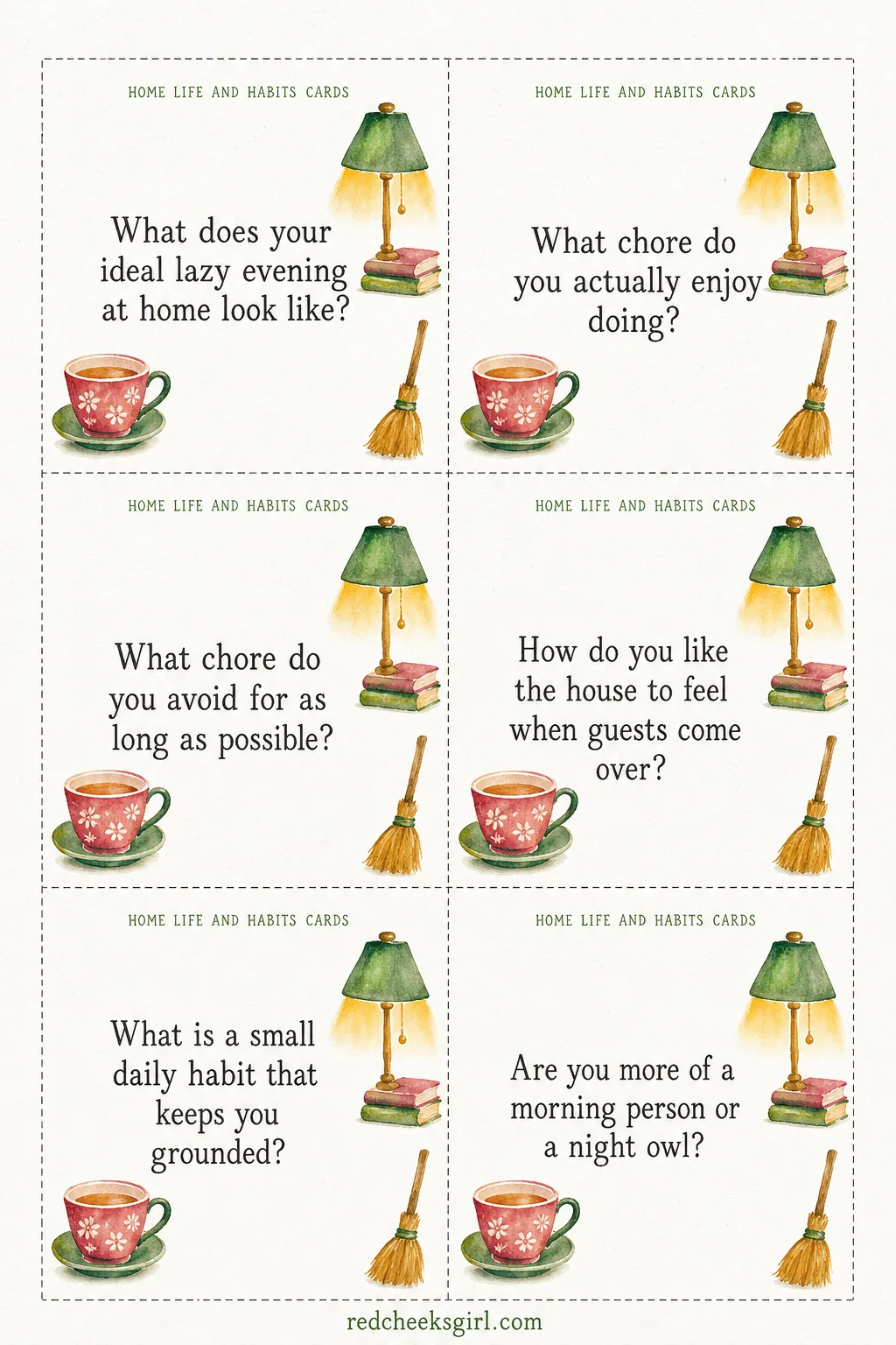 Home Life and Habits Cards (Sheet 1) printable sheet. Get to know you questions for couples