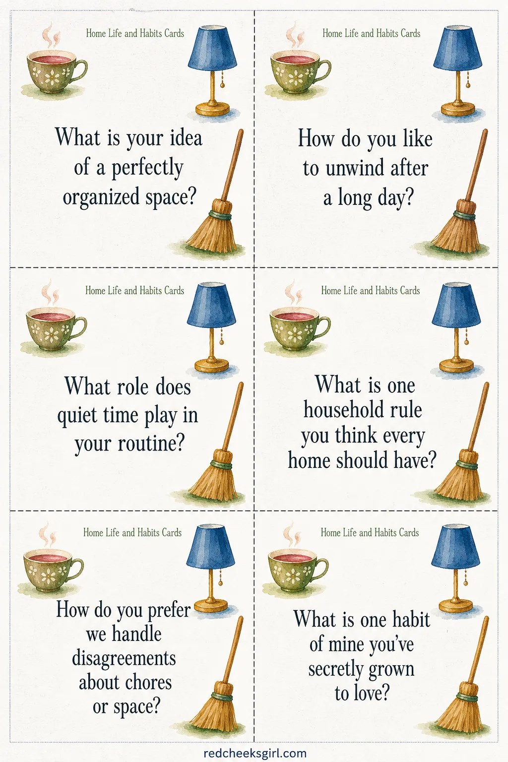 Home Life and Habits Cards (Sheet 2) printable sheet. Get to know you questions for couples