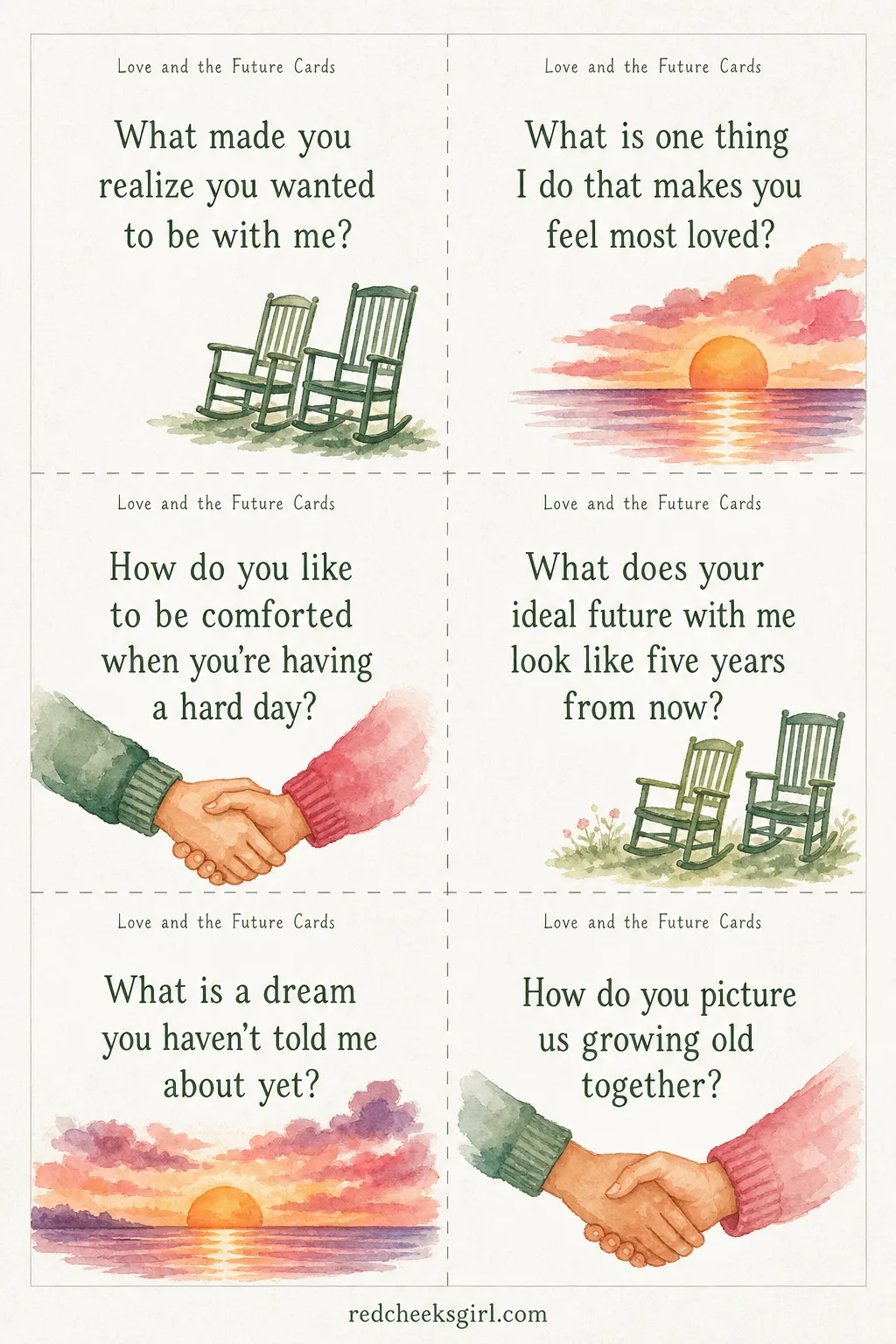 Love and the Future Cards (Sheet 1) printable sheet. Get to know you questions for couples