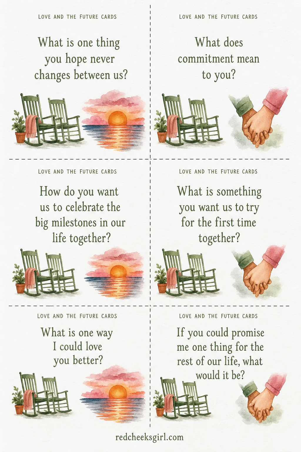 Love and the Future Cards (Sheet 2) printable sheet. Get to know you questions for couples