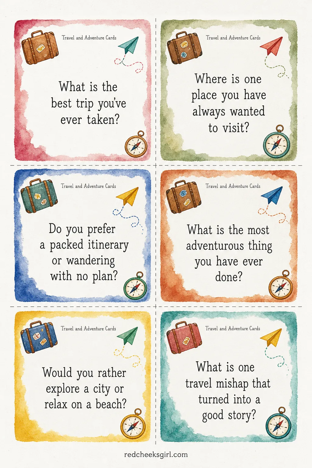 Travel and Adventure Cards (Sheet 1) printable sheet. Get to know you questions for couples