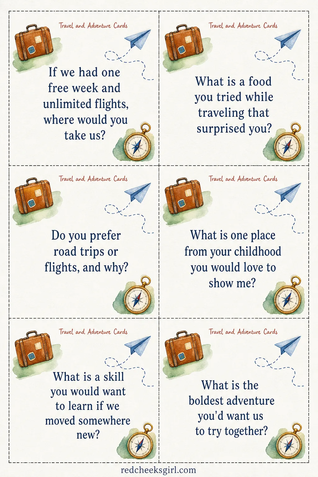 Travel and Adventure Cards (Sheet 2) printable sheet. Get to know you questions for couples