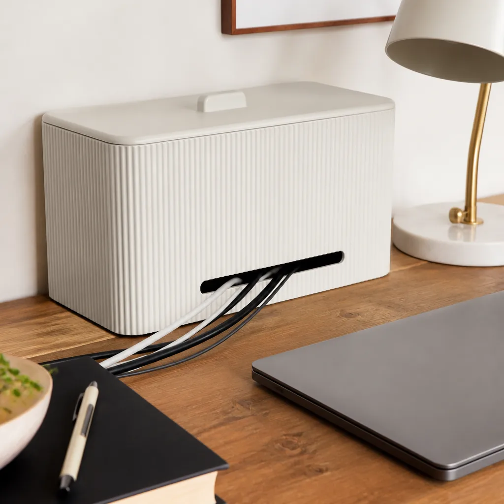 Cable Management Box — Under most desks sits a tangle of chargers, a power strip and at least one cord nobody can identify anymore. Gifts for corporate girlies
