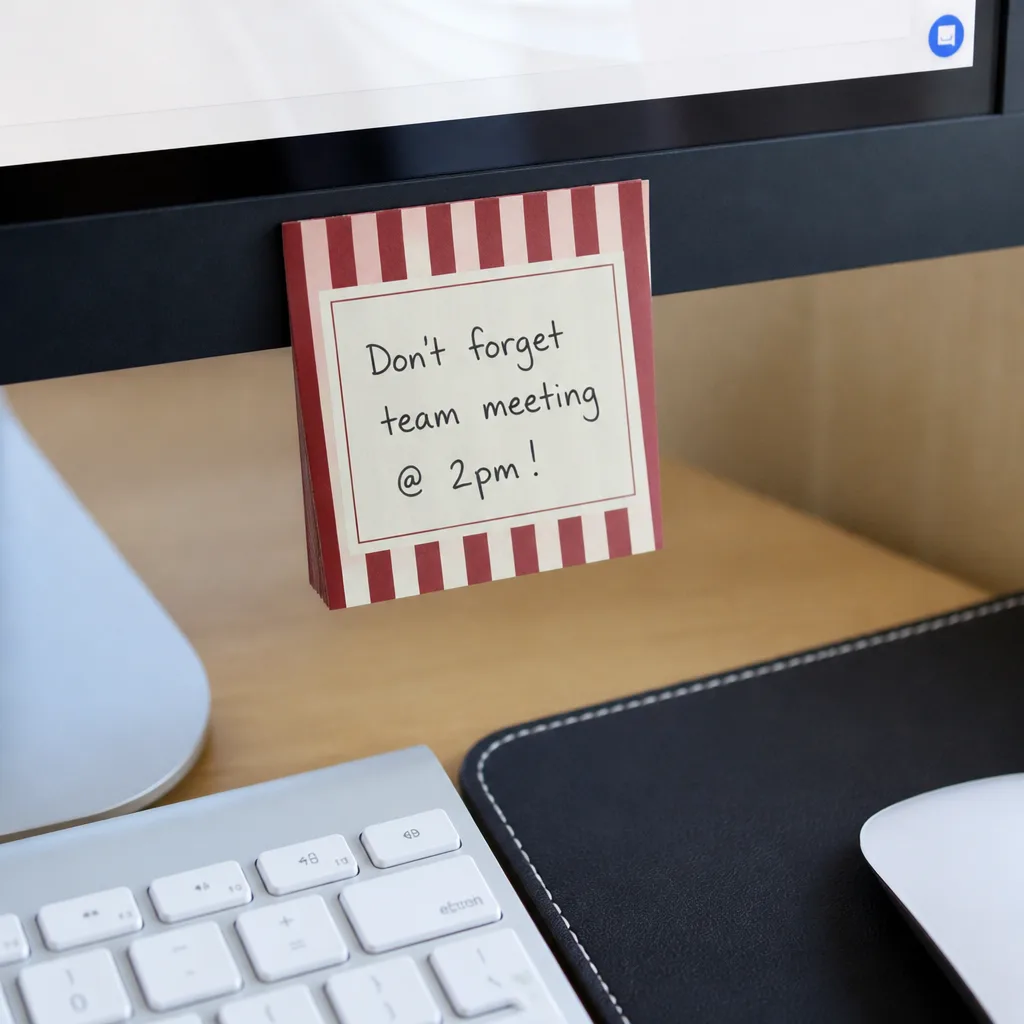 Desk Sticky Note Pad — The planner holds the week, but the sticky note holds the one thing she will forget by 3pm if it is not stuck right on the monitor.