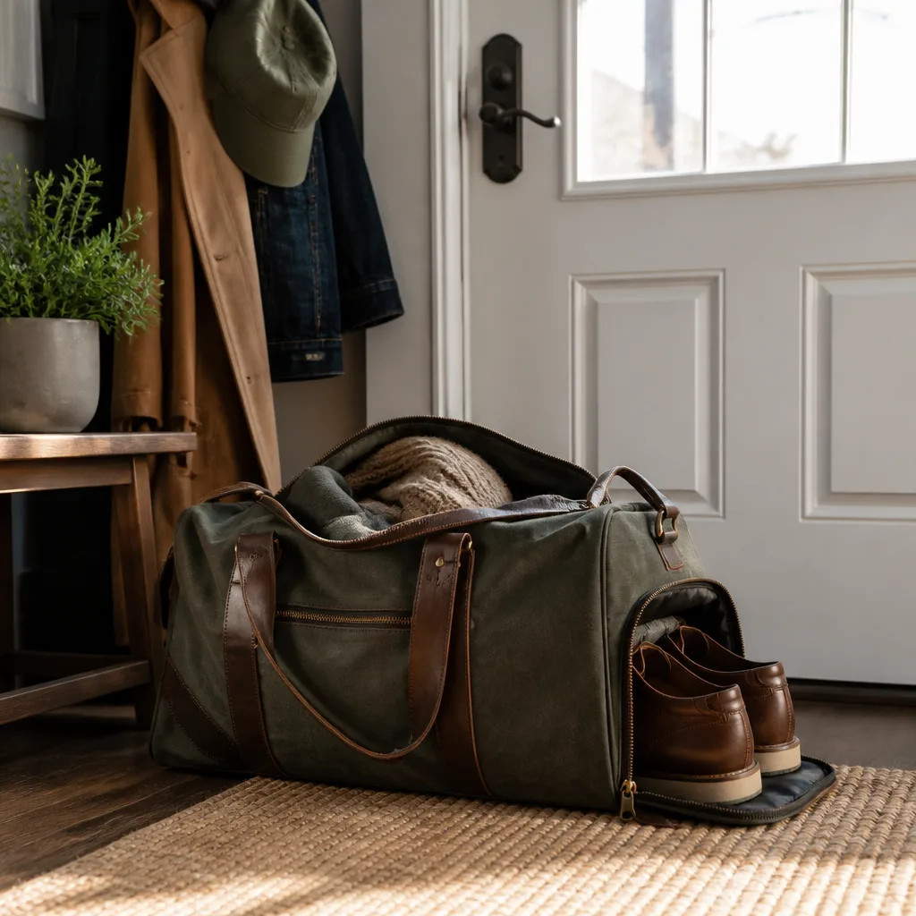 Canvas Weekender Duffel — A sturdy canvas duffel sized for a two or three night trip, with a separate shoe compartment so the sneakers don't end up against his