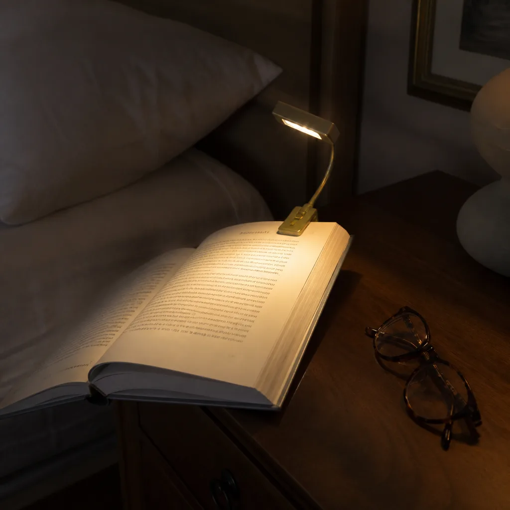 Clip-On Reading Light — A small rechargeable light that clips to a book's cover and throws a soft, warm beam, nothing like the harsh white of a phone