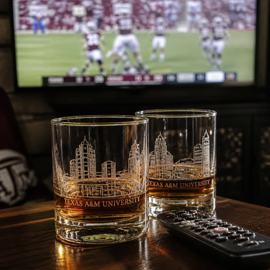 College Rocks Glasses Set — A set of whiskey glasses printed with his old school's skyline and logo, sold in pairs across more than fifty schools. Gifts for dad