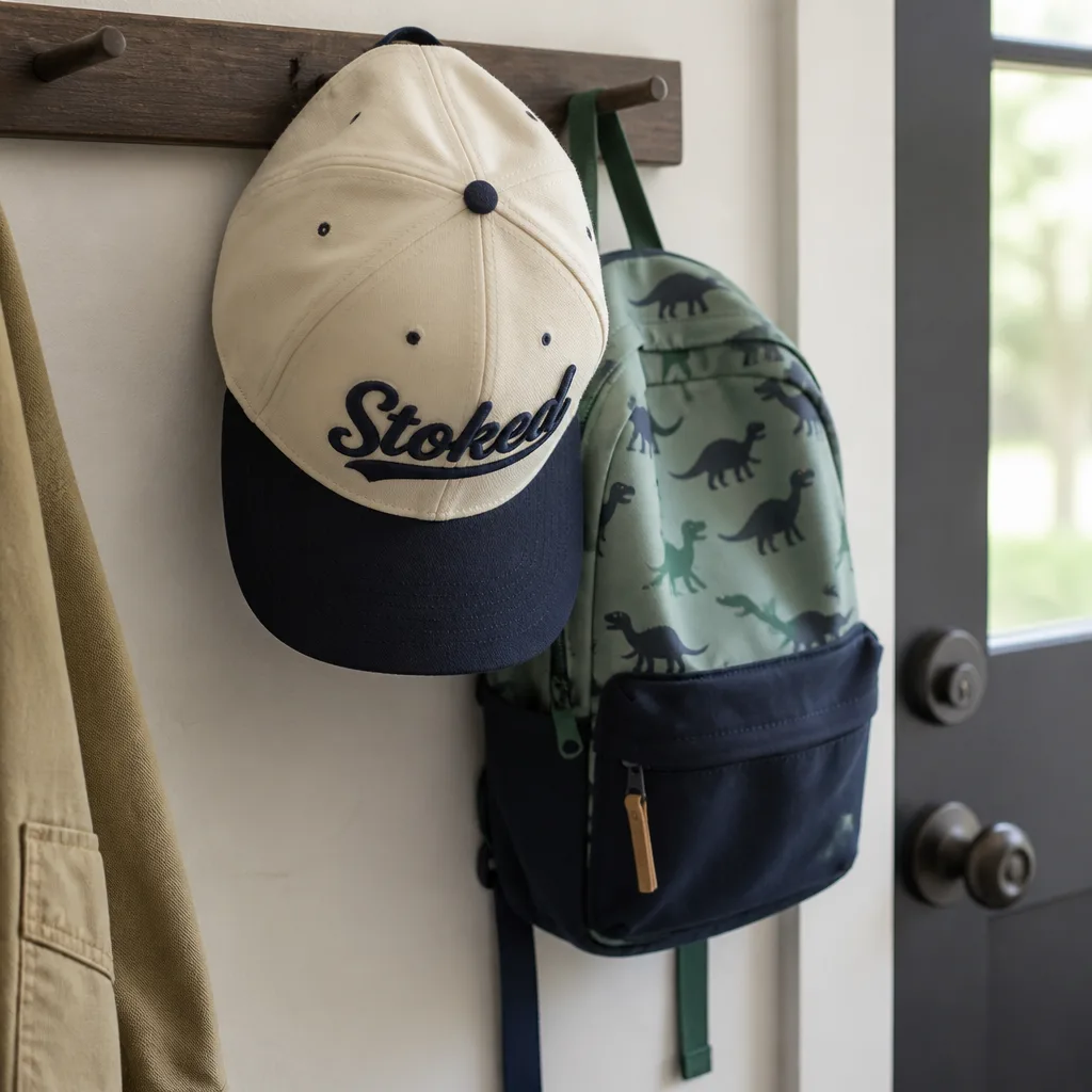 Dad Snapback Hat — A two-tone cream and navy snapback with raised script lettering spelling out Dad across the front. Gifts for dad