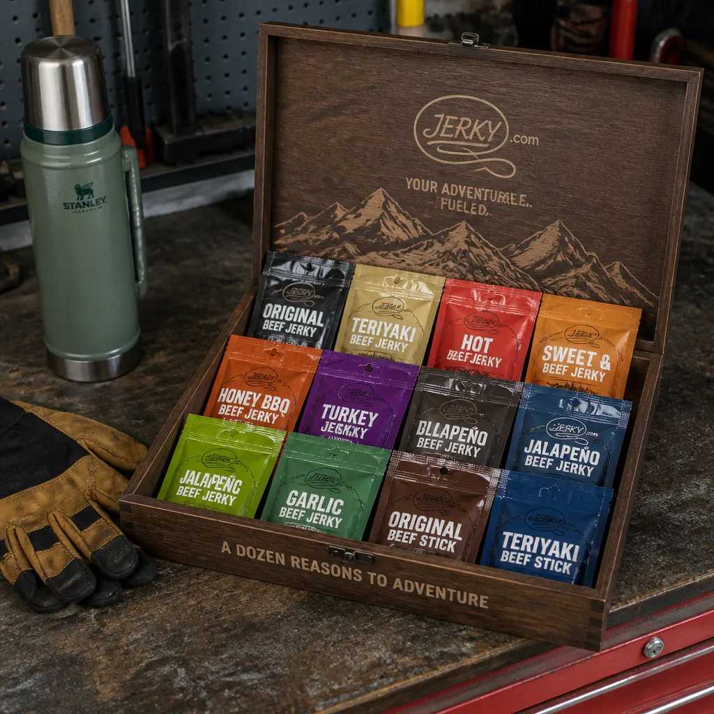 Jerky Sampler Box — A gift box of a dozen jerky and meat stick flavors, no sizing, no guessing. Gifts for dad