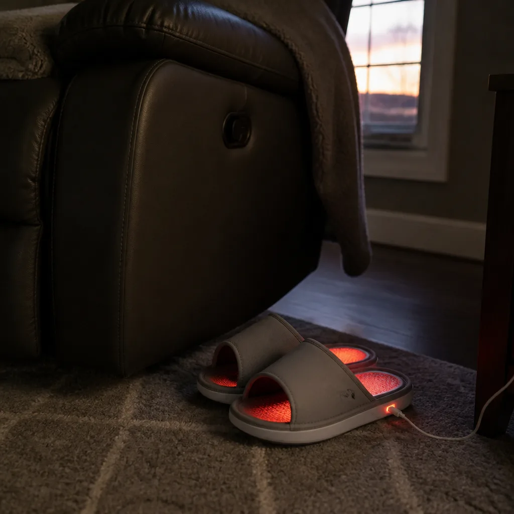 Light Therapy Slippers — Slide-on slippers fitted with red and infrared lights that soothe tired feet after a day on concrete. Gifts for dad