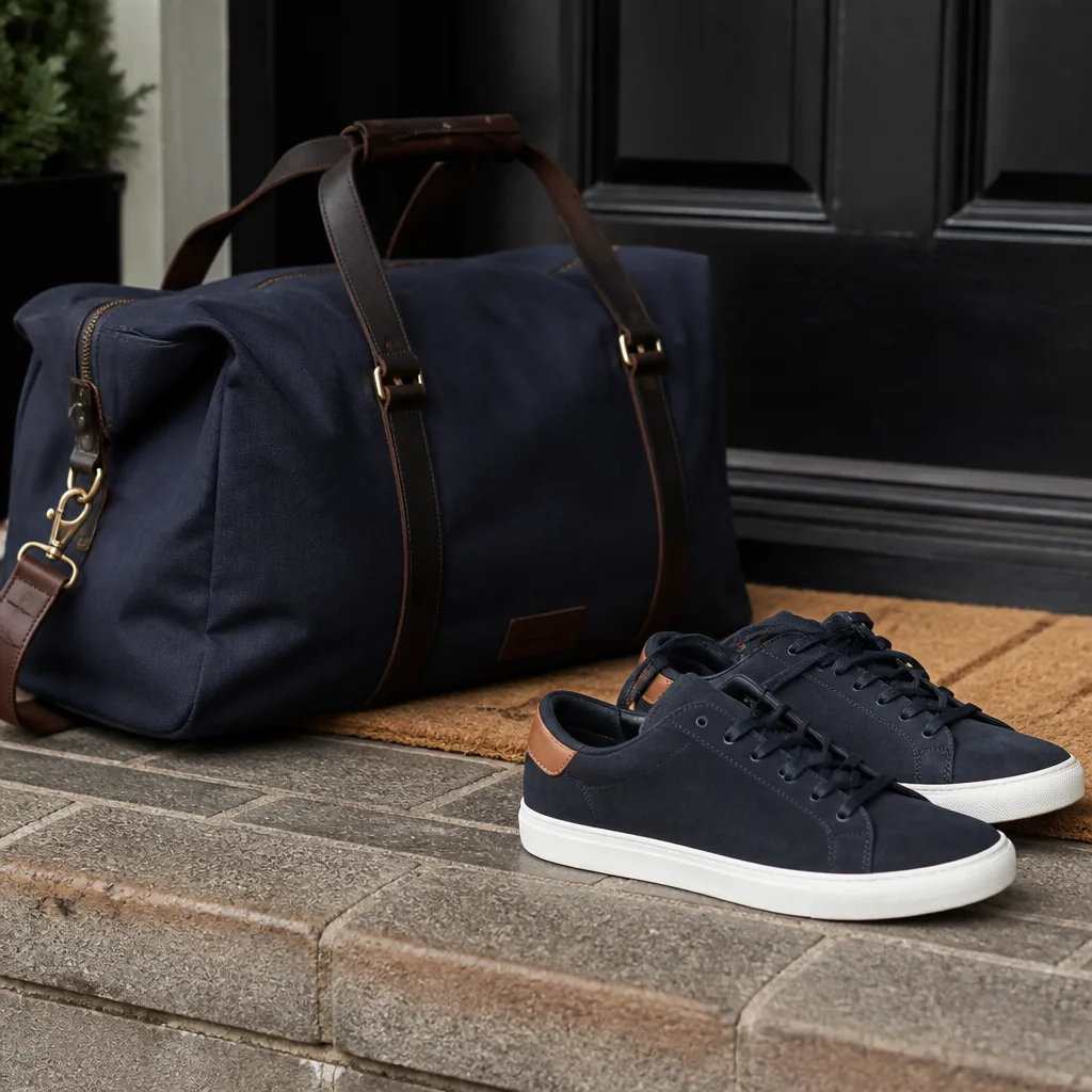 Navy Leather Sneakers — Low-profile sneakers in navy nubuck leather with a tan heel tab and a clean white sole, dressy enough for dinner and casual enough for