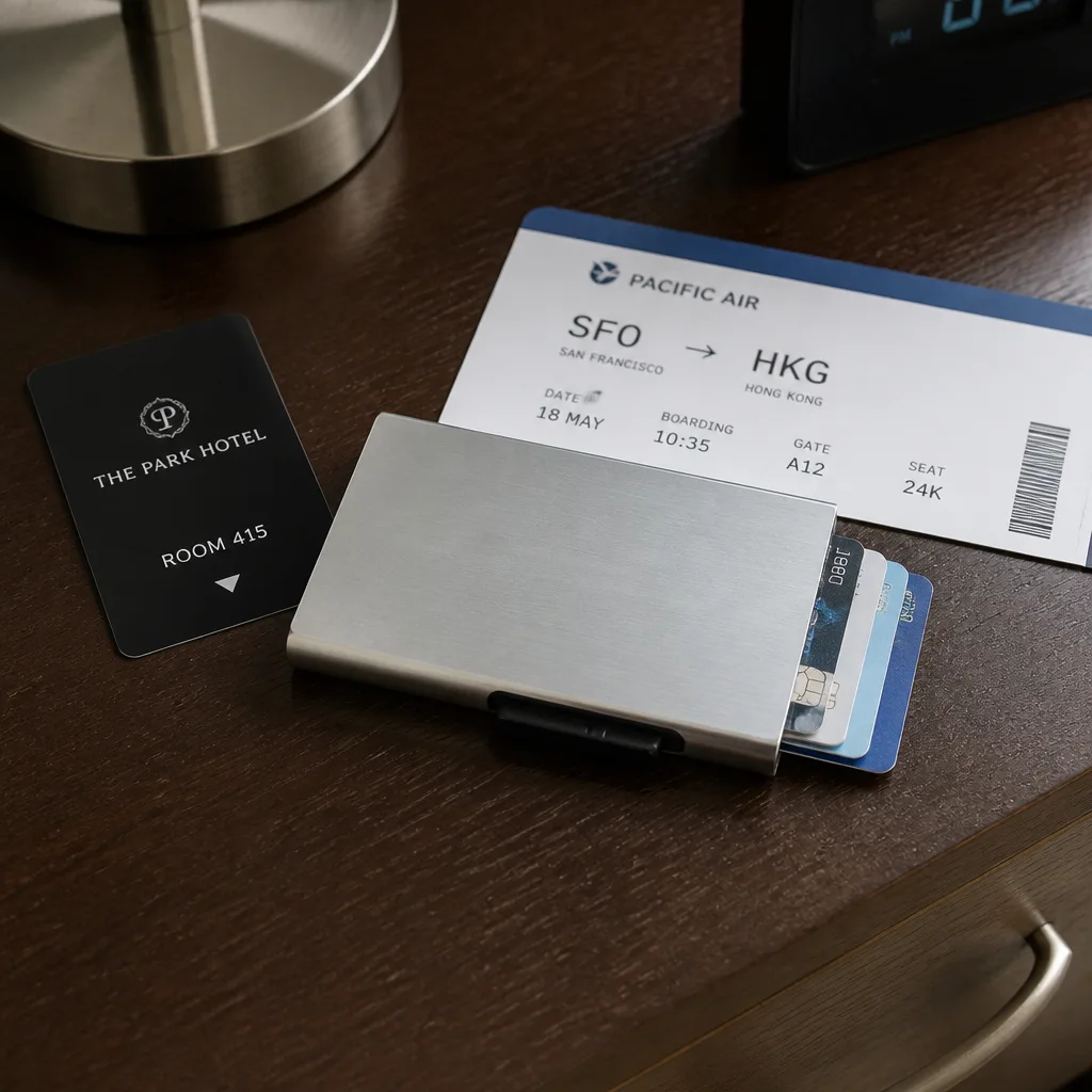 RFID Card Wallet — A slim aluminum card wallet that blocks electronic skimming and swaps his thick leather billfold for something that actually fits a front
