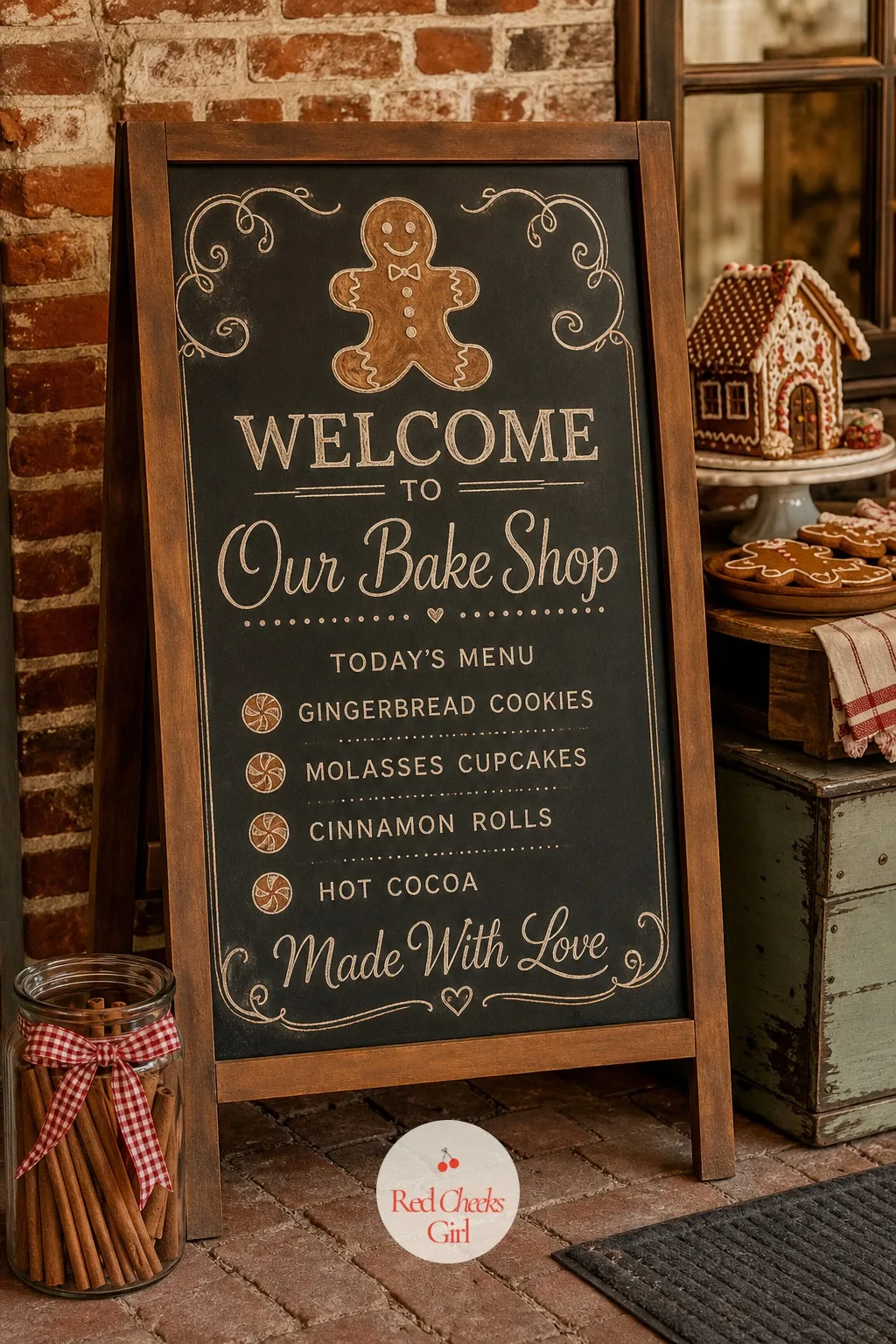 Bake Shop Menu Board Welcome Sign — Styled like a real bakery's sidewalk board, a freestanding chalkboard easel lists the day's specials in hand chalked