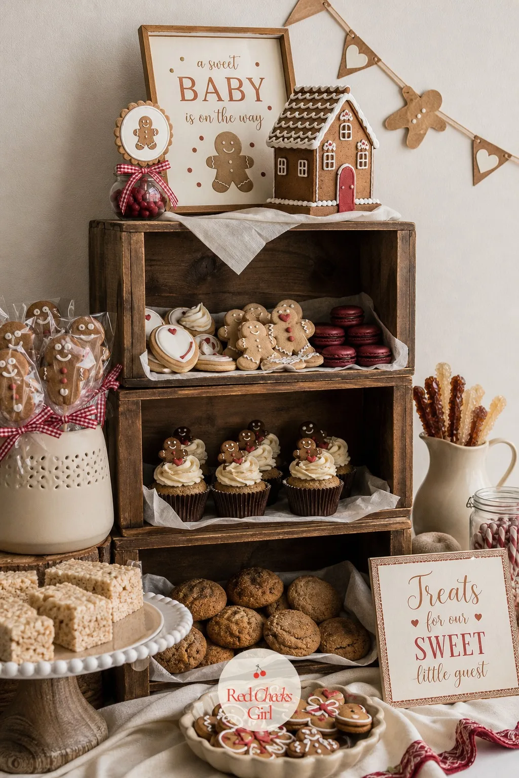 Bakery Shelf Dessert Display — Stacked wooden crates stand in for real bakery shelving, each crate holding a different treat lined with waxed paper, a cream