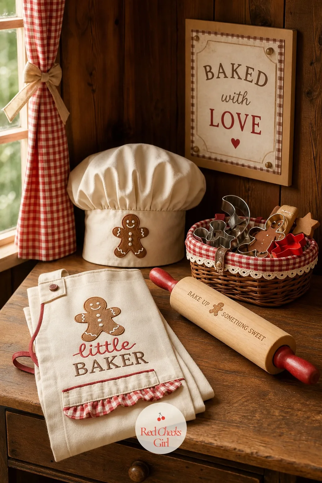 Baking Prop Table — A small table dressed with a folded apron, a chef's hat, a rolling pin and a basket of mini cookie cutters sits styled as though someone