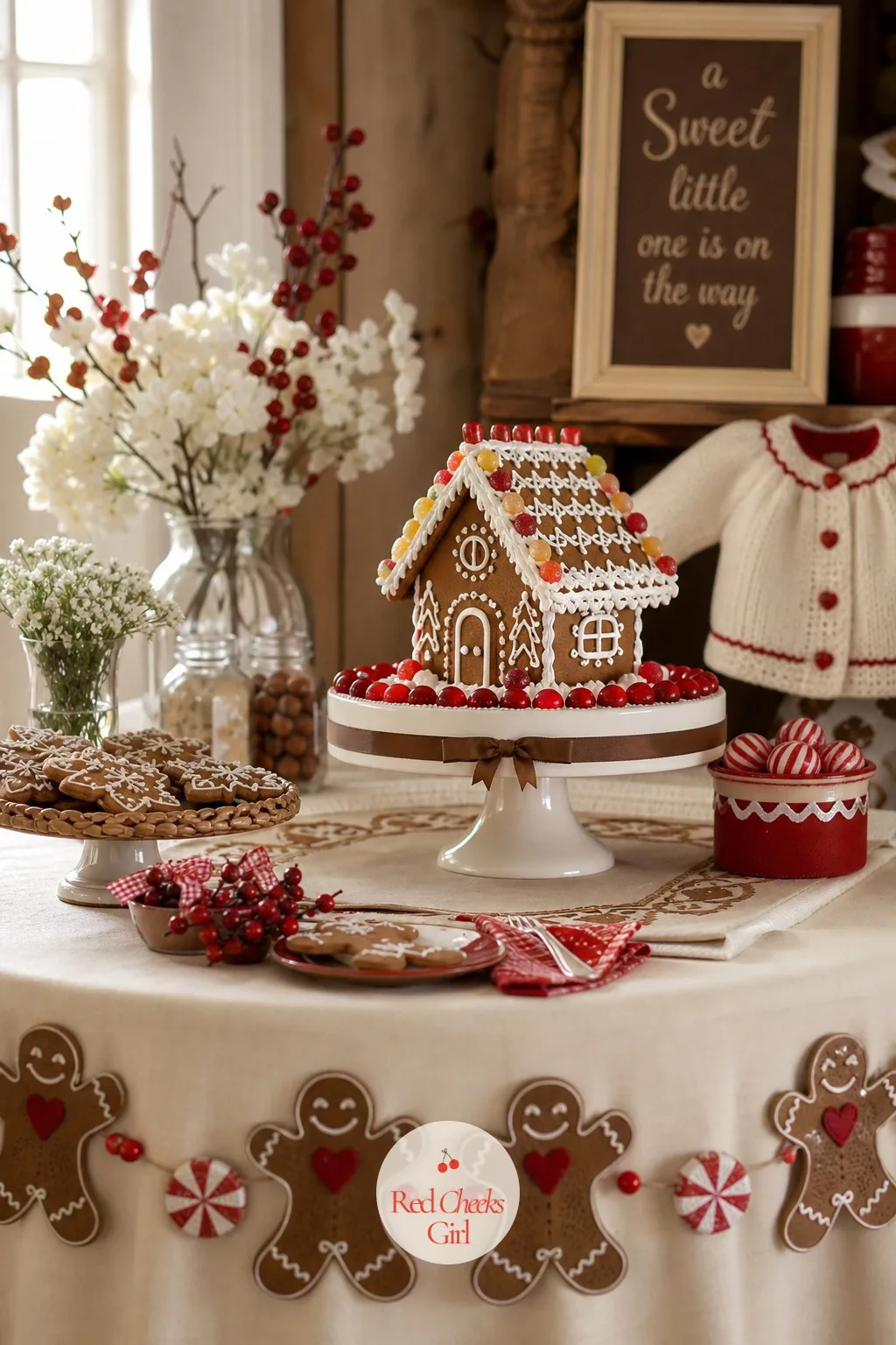 Built Gingerbread House Centerpiece — A single small gingerbread house sits on a cake stand at the center of each table, walls piped with white royal icing and