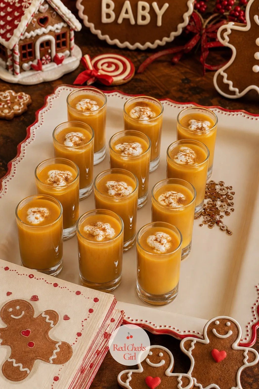 Butternut Squash Soup Shooters — Butternut squash soup served in small shot glasses or espresso cups, a thread of cream and a pinch of ground ginger on top