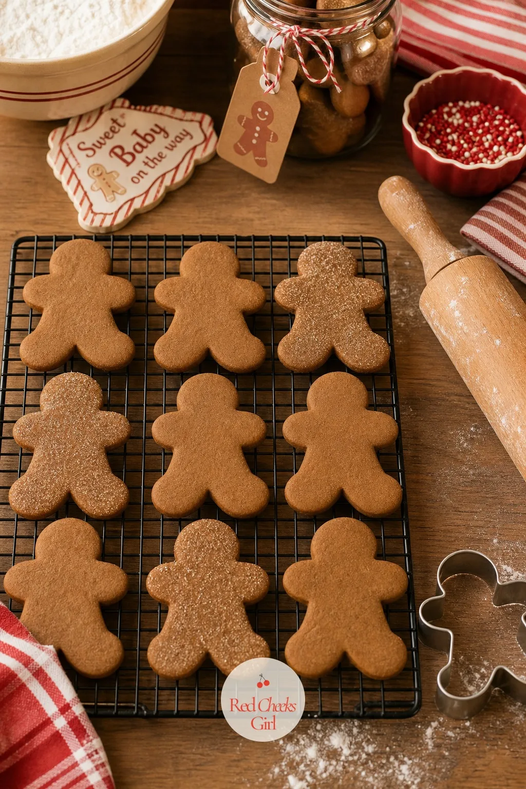 Classic Gingerbread Man Cookies Cooling Rack — Rows of classic gingerbread man cookies lie across a real wire cooling rack, some left plain and some dusted