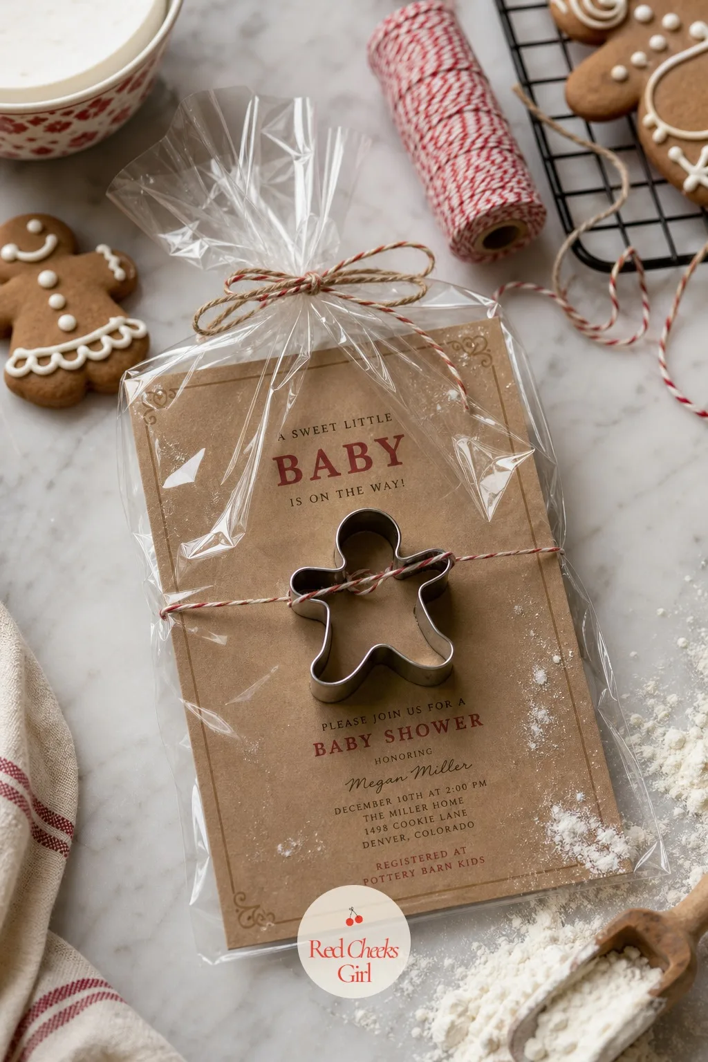 Cookie Cutter Invitation — A tiny gingerbread man cookie cutter sits wired onto a kraft paper card punched with the party details, wrapped loosely in