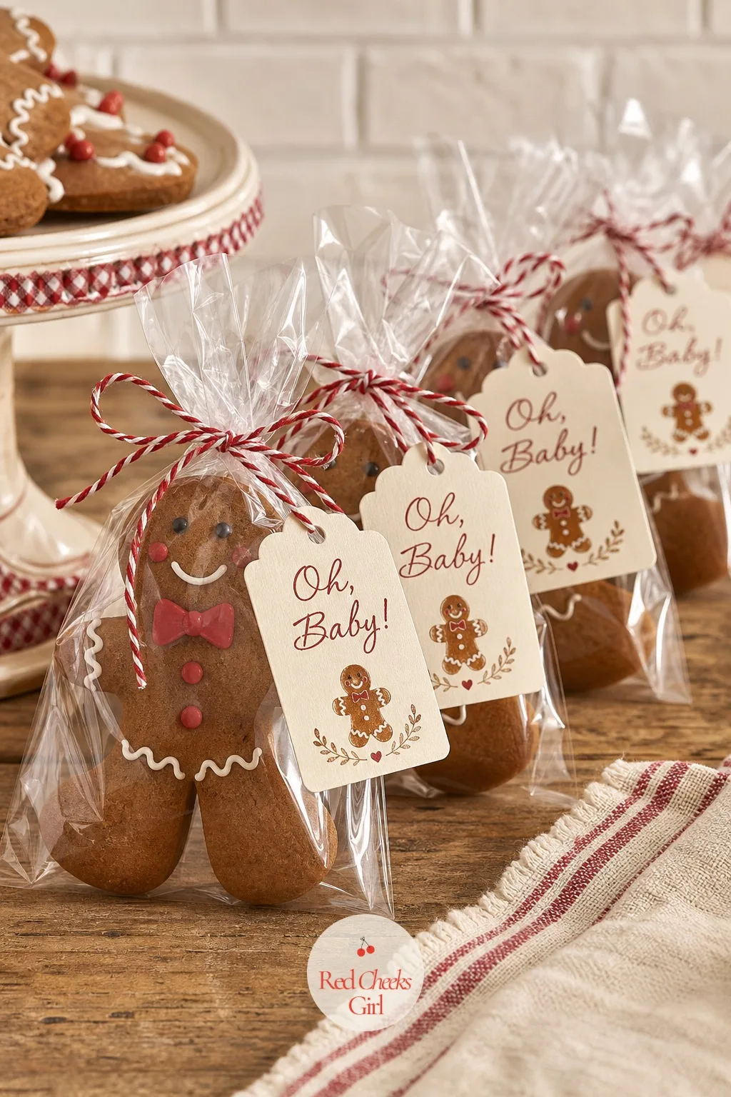 Cookie in a Bag Favor — A real gingerbread man cookie sits in a clear cellophane bag tied at the top with baker's twine and a small recipe card tag printed