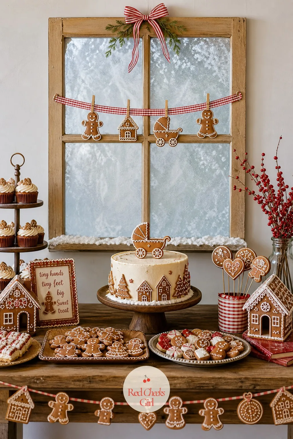 Frosted Window Backdrop — A faux windowpane frame, four panes divided by white trim, hangs with gingerbread cookies dangling from ribbon across the glass as