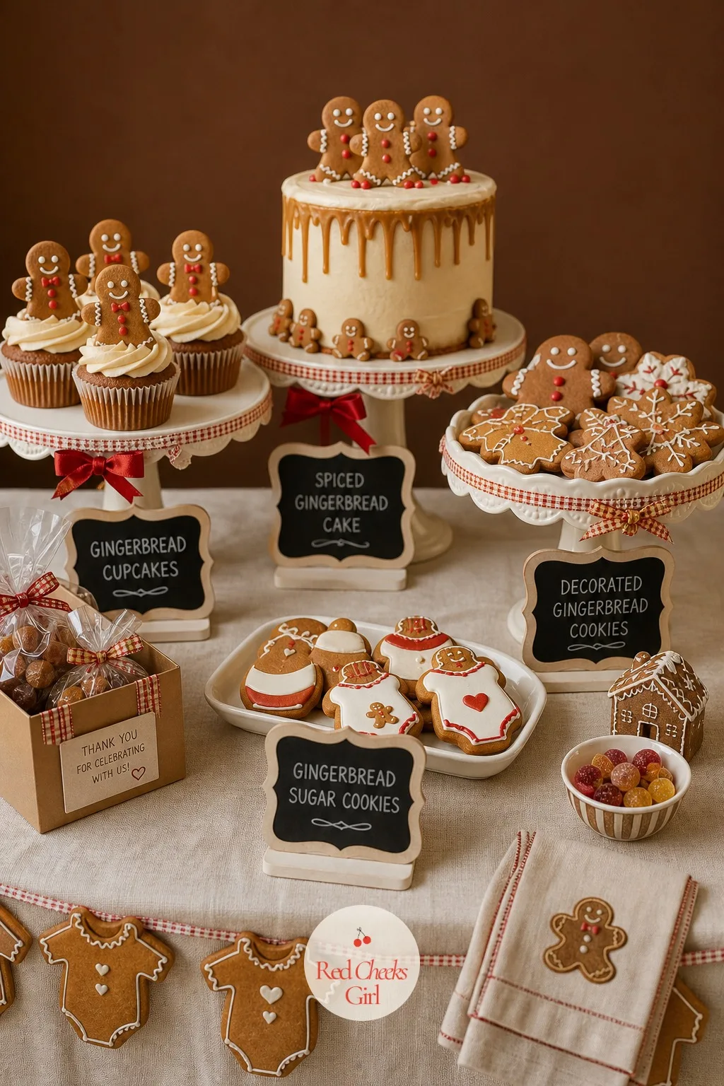 The Full Bake Shop Spread — A long table in a cream cloth holds cake stands at three different heights loaded with cookies, cupcakes and the cake itself, small