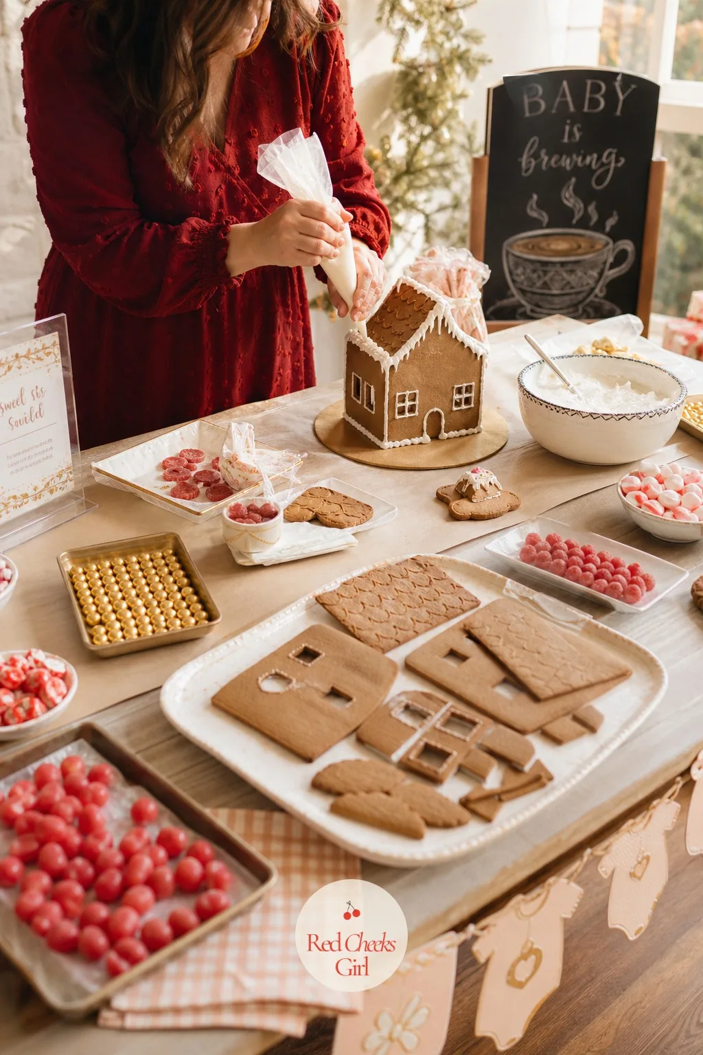 Gingerbread House Decorating Station — A long table holds flat pre-baked gingerbread house pieces, bowls of white royal icing and trays of candy sorted by