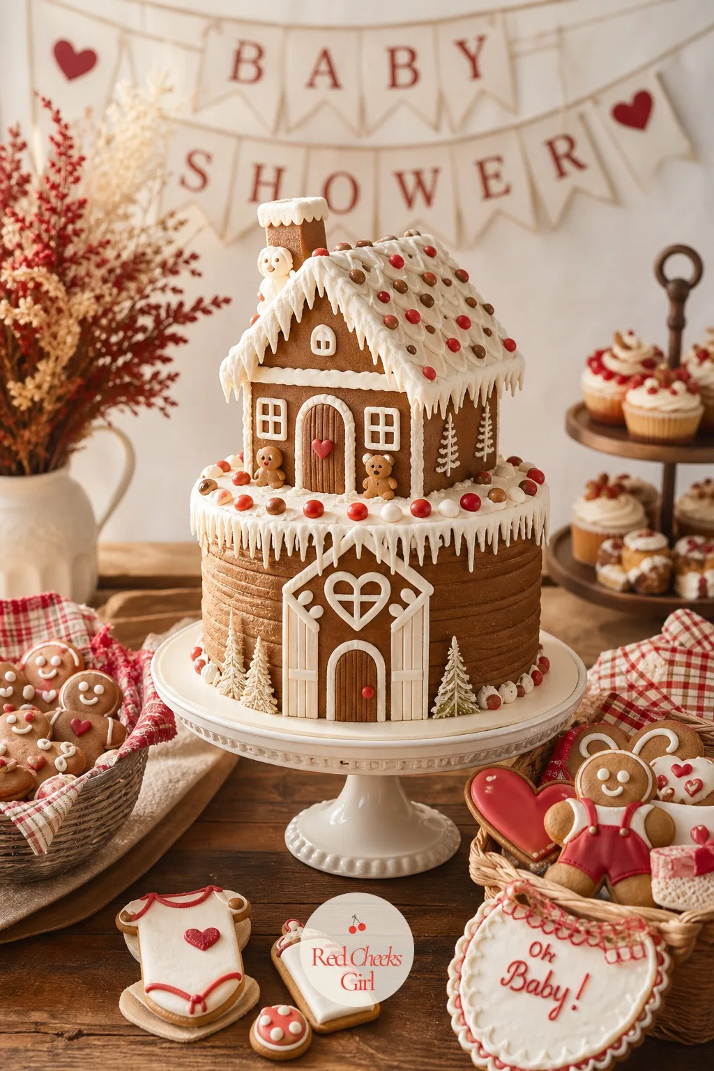 Gingerbread House Tiered Cake — A two tier cake dressed to look like a gingerbread house, the lower tier textured like timbered walls in buttercream, the top