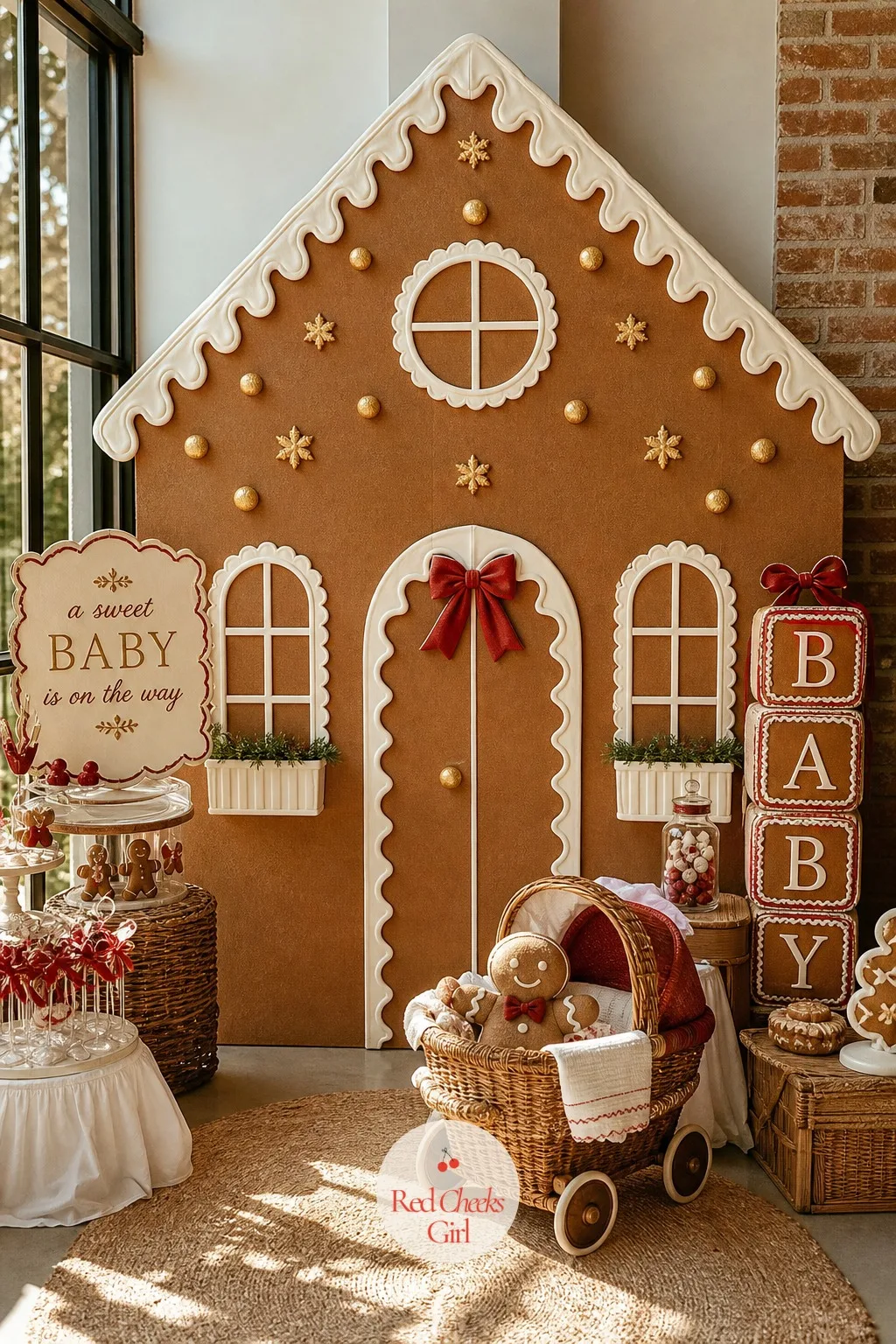 Gingerbread House Wall Backdrop — A flat plywood or foam board facade stands in for the front of a gingerbread house, the roofline piped in white icing-effect