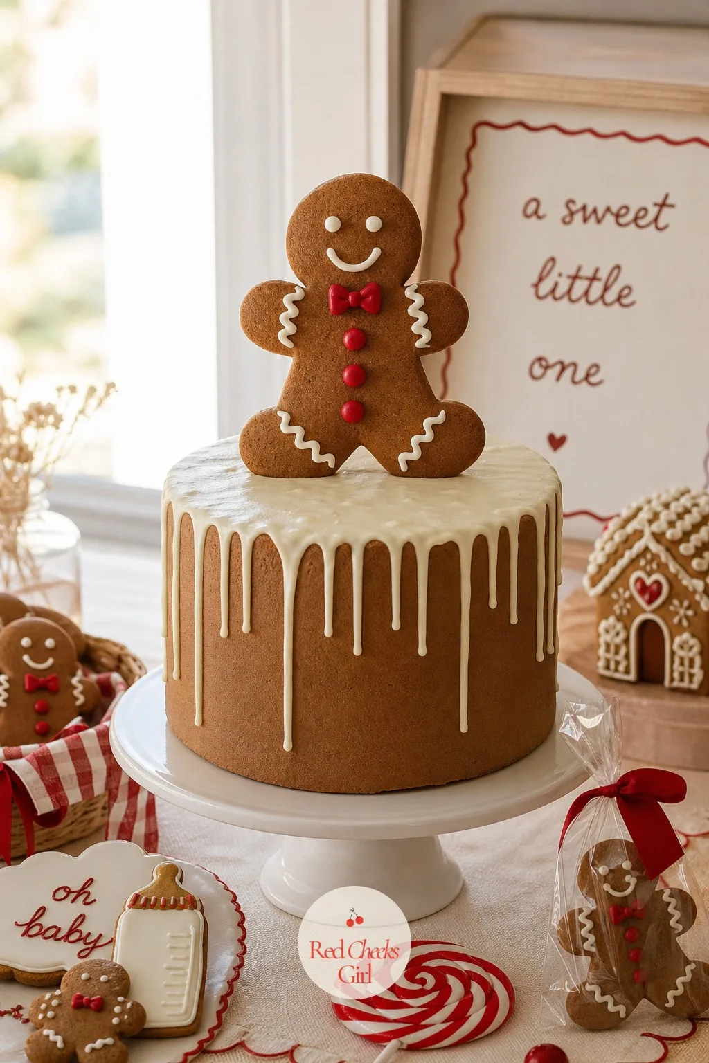 Gingerbread Man Topper Cake — A single round cake in warm molasses brown buttercream holds a full gingerbread man cookie standing upright on top, a thin drip