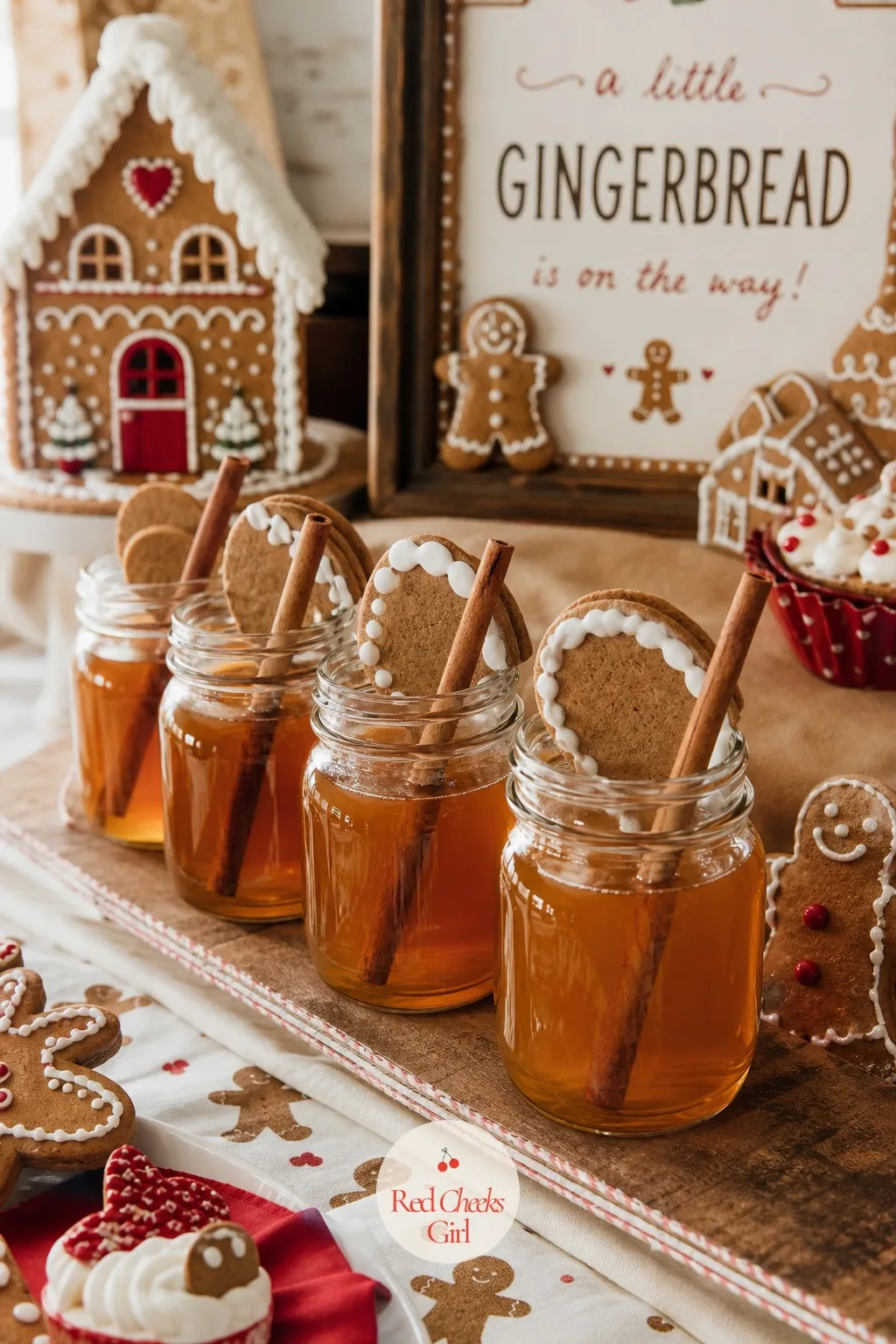 Gingerbread Mocktail in Jars — A gingerbread syrup mocktail built from ginger beer and a molasses syrup is served in small mason jars with a cinnamon stick