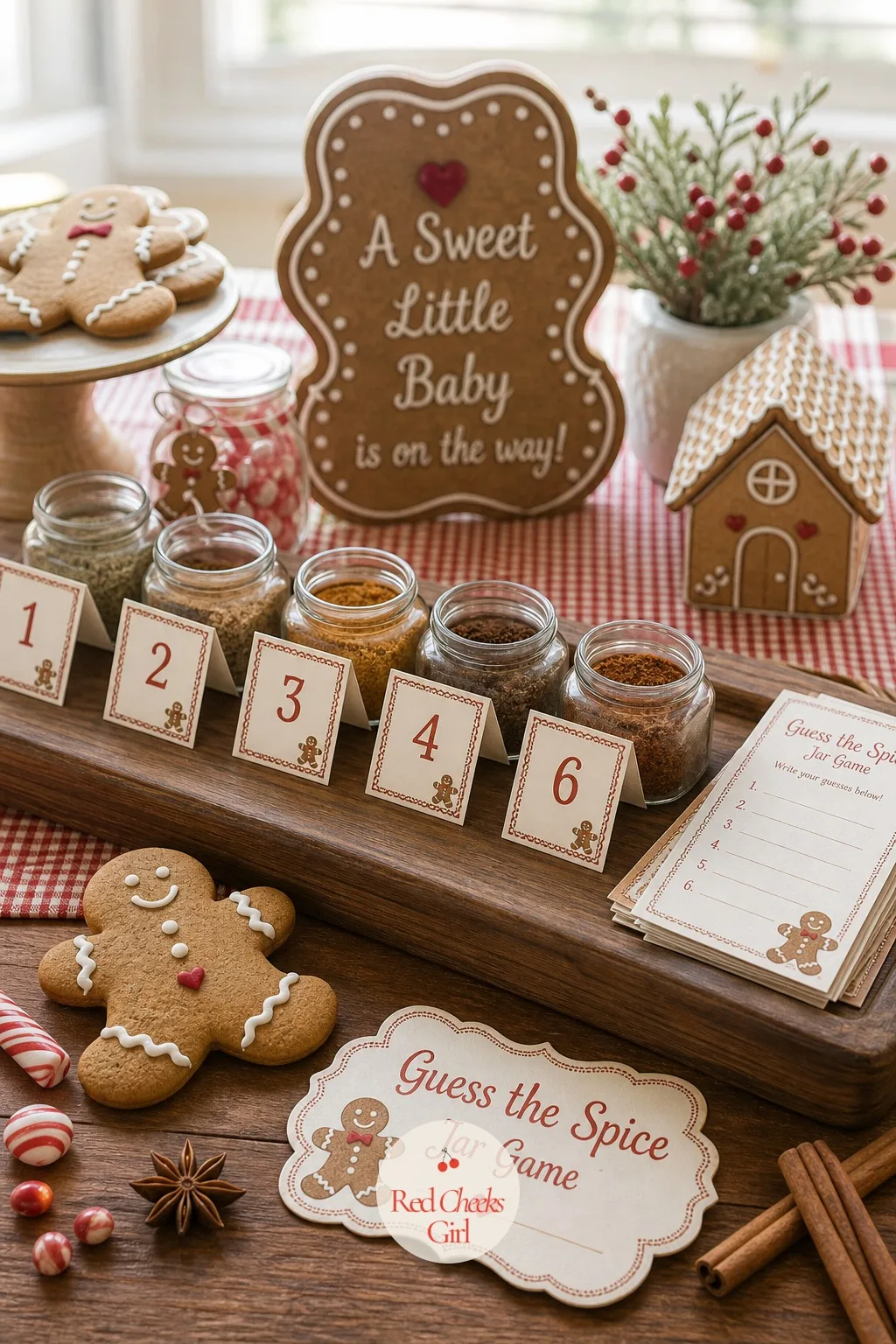 Guess the Spice Jar Game — A tray of small unlabeled jars, each holding a single baking spice like cinnamon, nutmeg, clove or ginger, sits with a numbered card