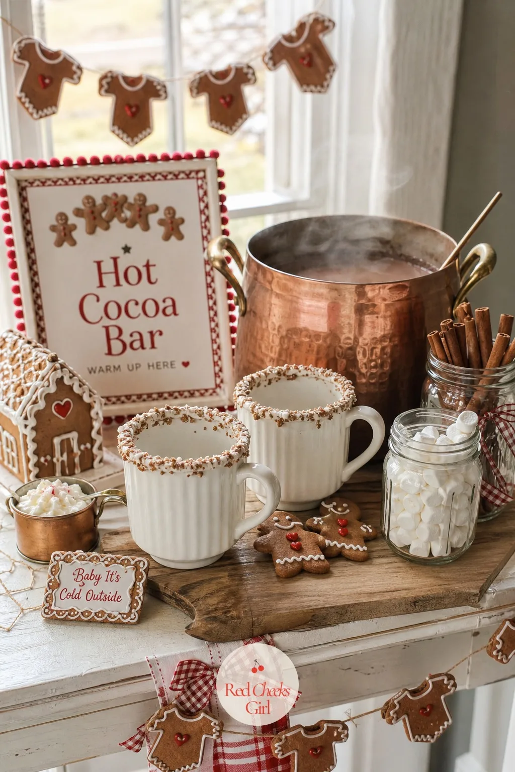 Hot Cocoa Bar with Gingerbread Rims — Mugs rimmed with melted white chocolate and crushed gingerbread cookie crumbs stand ready beside a pot of hot cocoa